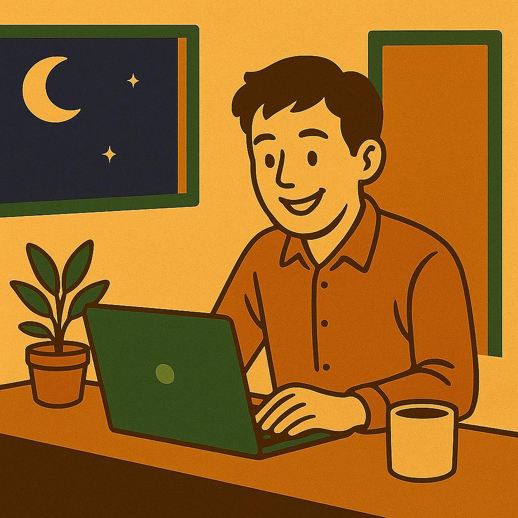 Illustration of a digital marketing professional smiling while working on a laptop at night, with a coffee mug and plant on the desk, symbolizing creativity and dedication to online marketing projects.