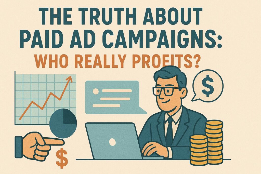 The truth about paid ad campaigns illustration with businessman, laptop, coins, and profit charts.