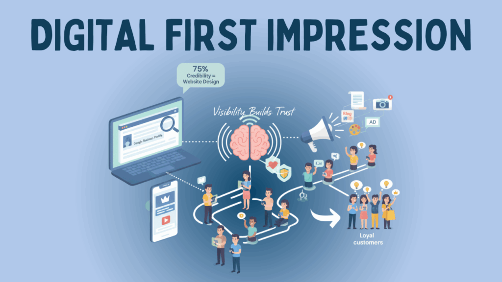 Digital first impression illustration showing how strong digital presence in 2025 builds trust, boosts visibility, and turns audiences into loyal customers