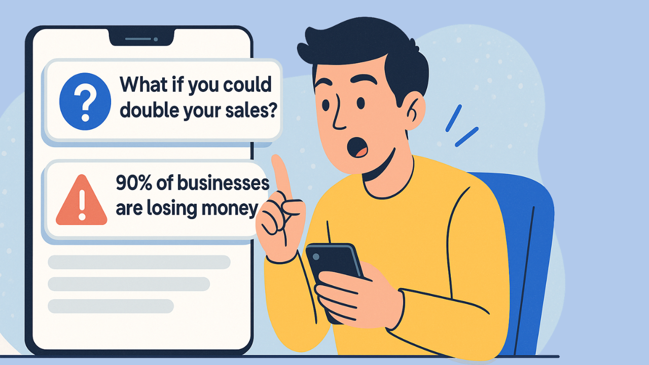 Illustration of man holding phone with marketing hooks on screen, including bold question and shocking statistic for social media engagement.