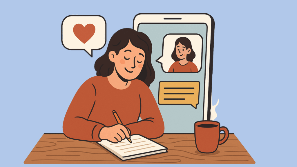 Illustration of woman writing with chat messages on smartphone, symbolizing relatable storytelling as a powerful social media hook.