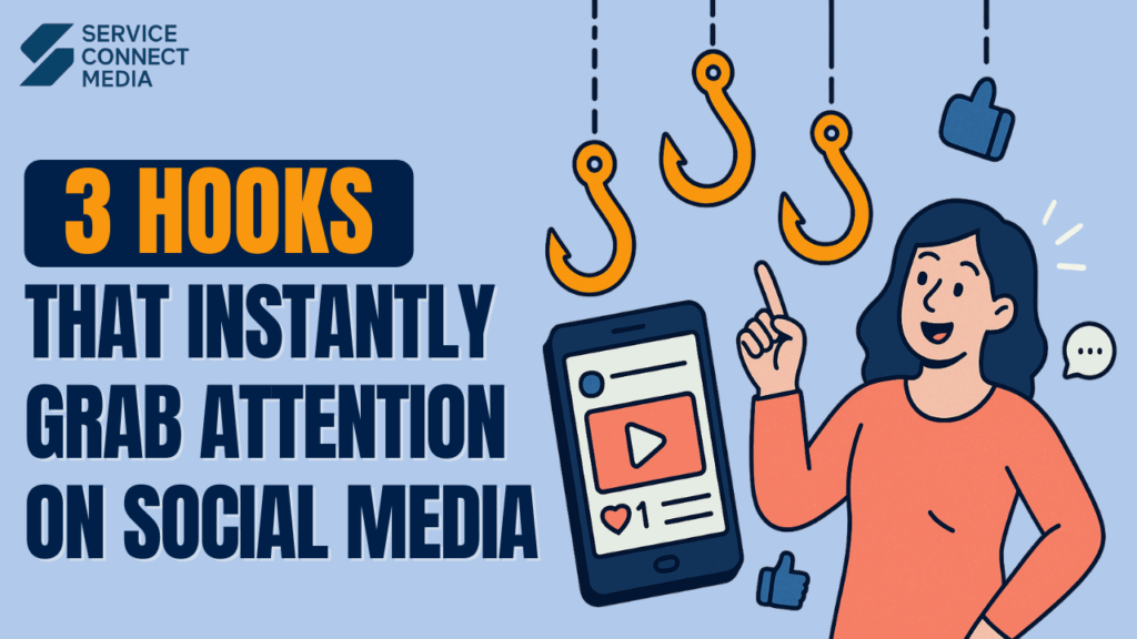 Illustration of woman pointing at hooks with smartphone and social media icons, representing 3 proven social media hooks to grab attention instantly.