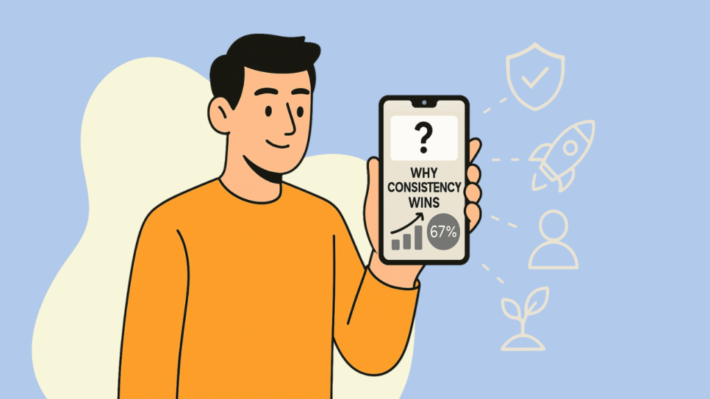 Illustration of a person holding a phone that says “Why Consistency Wins” with growth icons, highlighting Why Consistency Beats Virality in social media success.