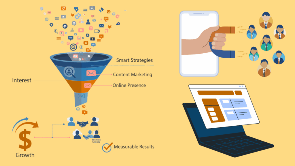 Lead generation strategies funnel with content marketing, online presence, and growth results.