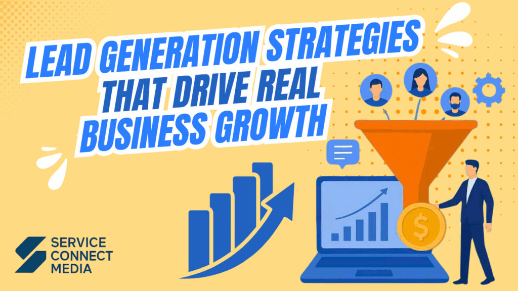 Lead generation strategies illustration with funnel, growth chart, and digital marketing visuals.