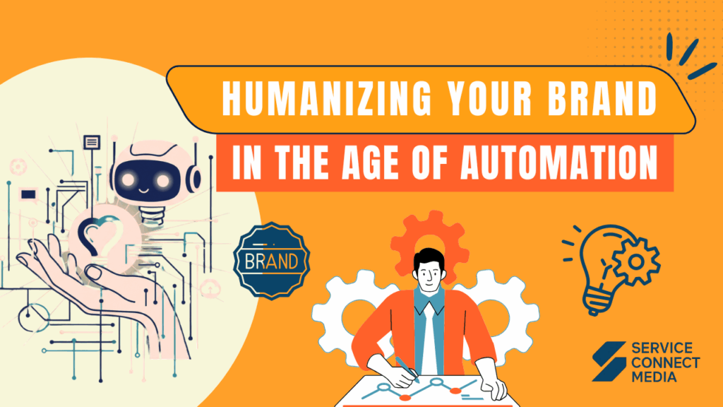 Illustration showing a robot, human hand, and business professional symbolizing balance between technology and empathy — representing Humanizing your brand in the age of automation.