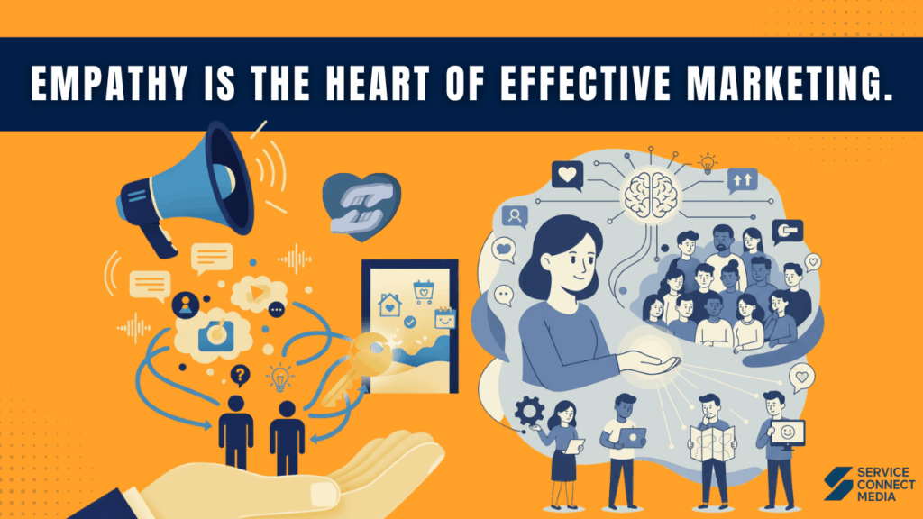 Illustration showing marketers connecting with audiences through empathy, communication, and creativity — emphasizing Humanizing your brand in the age of automation for effective marketing.