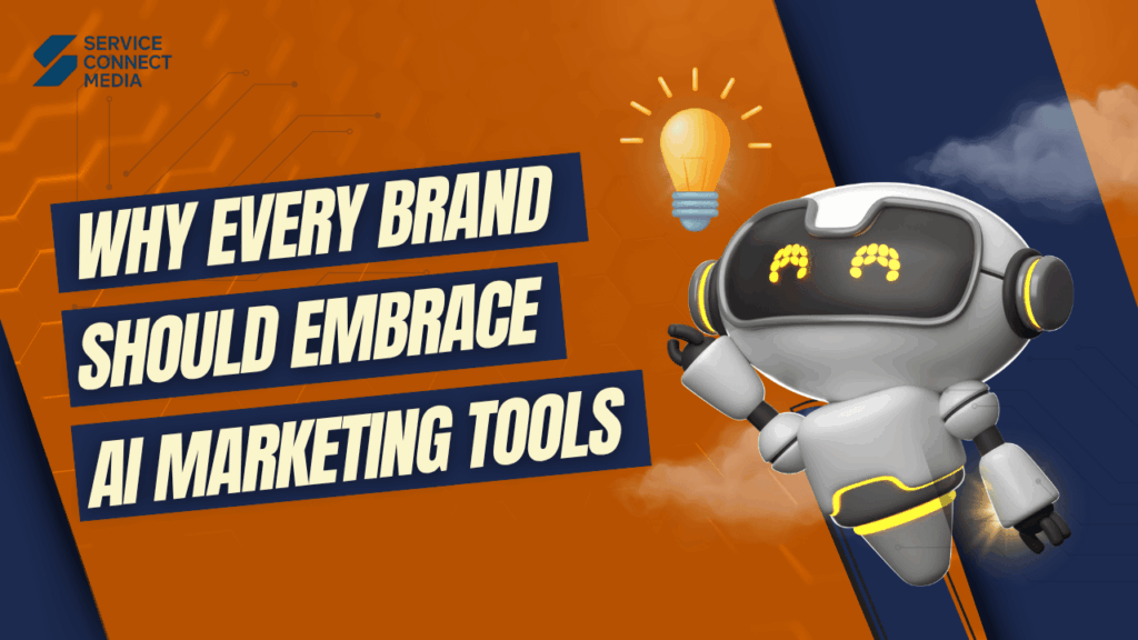 Futuristic robot with glowing lightbulb representing innovation, highlighting why every brand should embrace AI marketing tools for smarter digital growth.