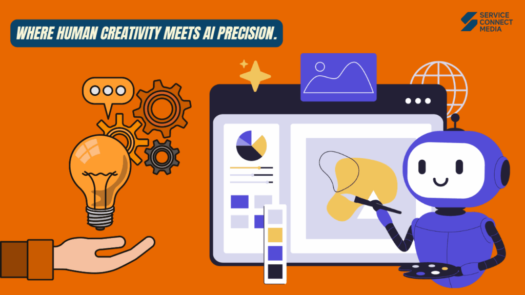 Cartoon robot uses AI to paint on a screen, merging with a human hand holding a creative lightbulb idea. Embrace AI marketing tools for precision and creativity.