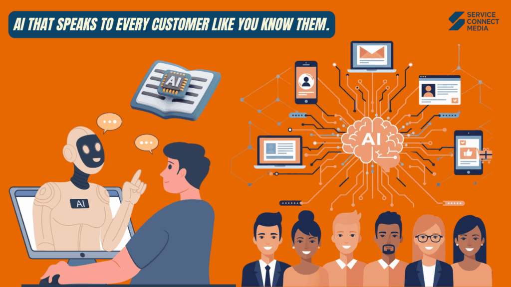 Illustration of AI communicating with customers and analyzing data across devices, showing how brands can embrace AI marketing tools for personalized engagement.