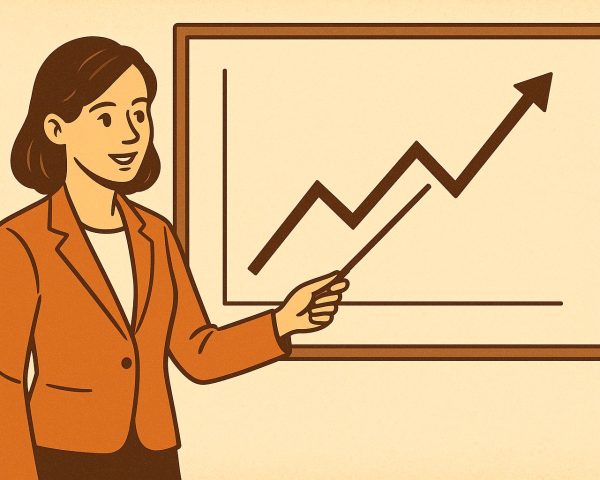 Illustration of a woman presenting a rising graph, symbolizing a digital marketing agency’s expertise.