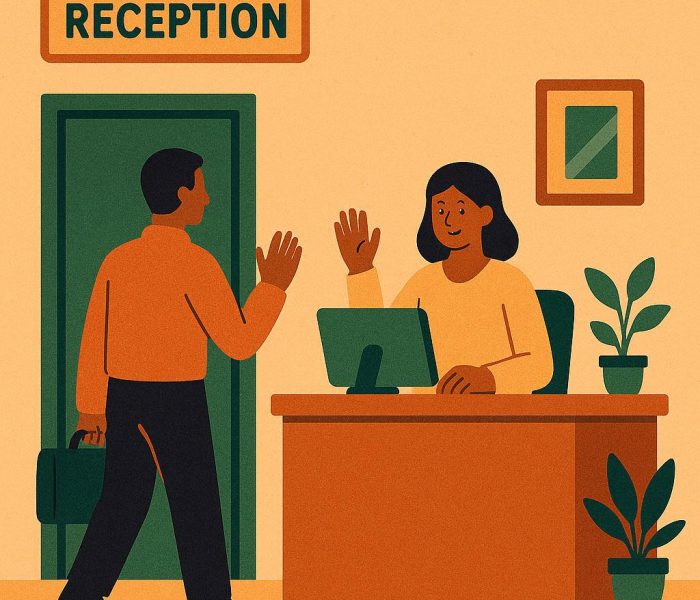Illustration of a friendly receptionist greeting a visitor at the front desk, symbolizing contact and connection for digital marketing services.