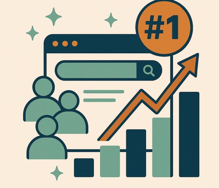 SEO graphic showing top search ranking with growth chart and #1 badge.